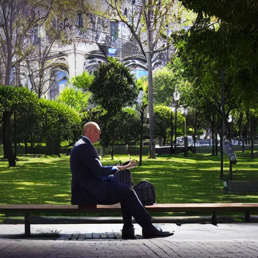 Image similar to A businessman is sitting on a bench eating lunch in a park. A tall ladder lurks menacingly behind him. A tall ladder lurks menacingly behind him. , shadows, realistic, 4k