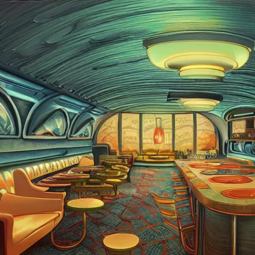 Image similar to beautiful Peter Mohrbach and tyler edlin highly detailed illustration of an underwater art deco lounge