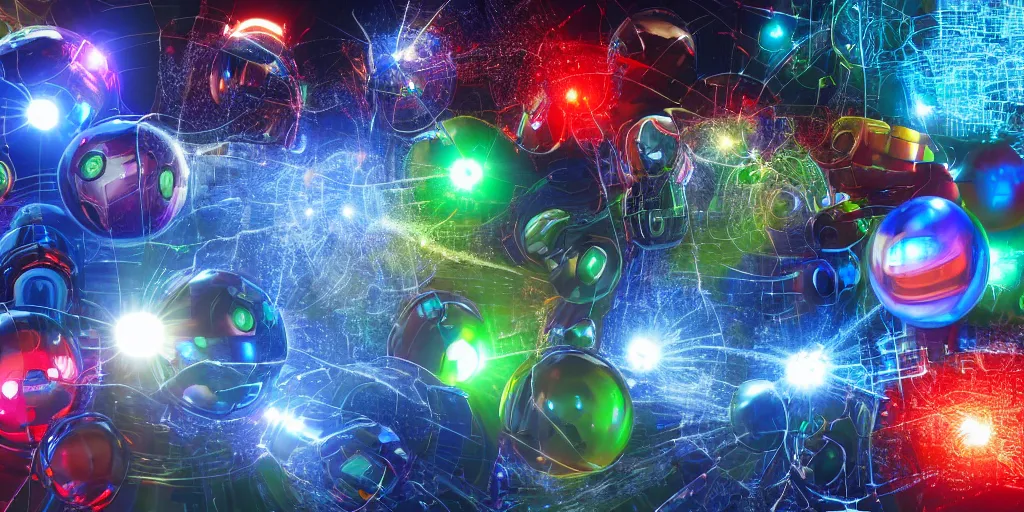 Image similar to wet complex spheres, colored lasers, robots, circuits, smoke, god rays, wires, reflective cubes, wet metal reflections, mirrors, infinite, close up, glowing wires, wet, ultra detailed, group of robots, rocks