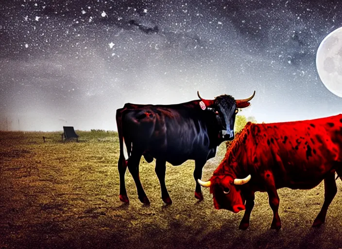 Prompt: photo dirty old homeless kissing red cow, moon, night sky,