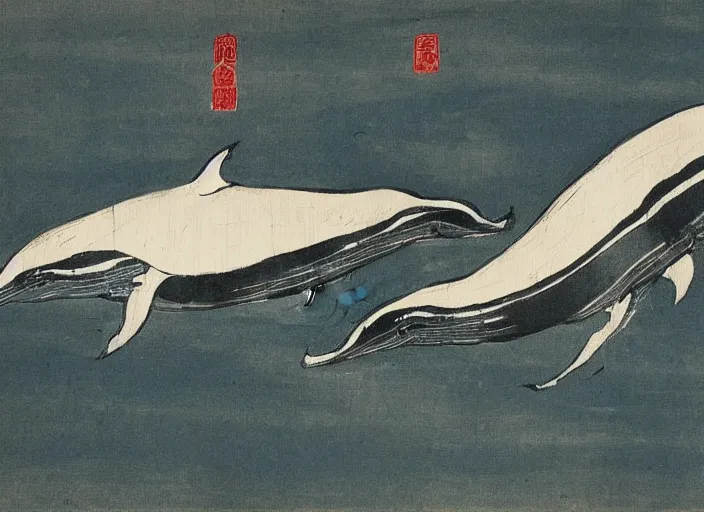 Image similar to a painting of a pair of whales by Qi Baishi