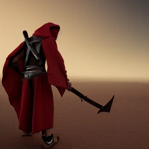 Image similar to view from the back warrior holding two swords, full body worn out torn cape, red hoodie, worn out clothes, floating spiral sand, desert, concept art, volumetric light, full body shot, 8K, trending on artstation