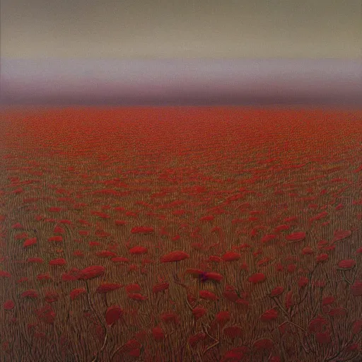 Prompt: blighted fields by Zdzisław Beksiński, oil on canvas