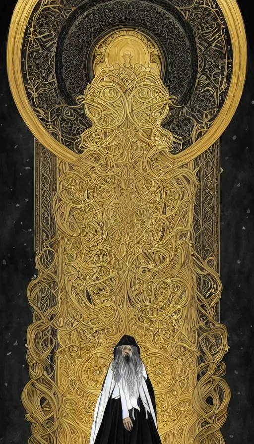 Image similar to one old man wore a black cloak, a black cloak and a white beard, highly detailed, very intricate, art nouveau, gold filigree, left right symmetry, tarot concept art watercolor illustration by mandy jurgens and alphonse mucha and alena aenami, featured on artstation