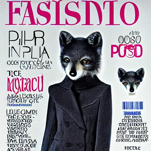 Prompt: fashion magazine cover, featuring anthropomorphic Arctic Fox dressed formally