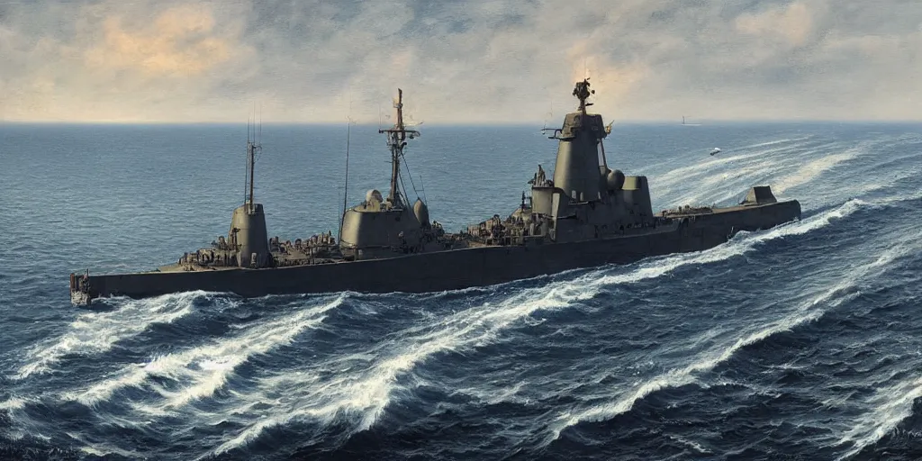 Prompt: Portrait of a WWI destroyer alone at sea, an island visible in the background, highly detailed, cinematic lighting, digital art, painting by aivasovsky