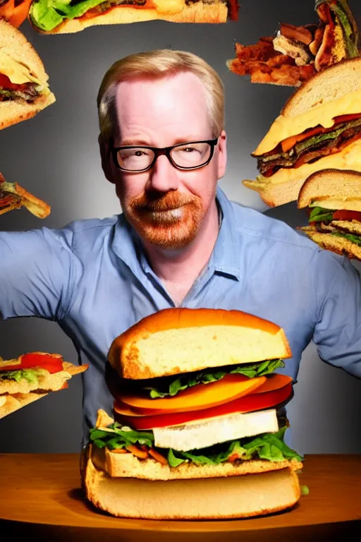 Prompt: 📷 portrait of adam savage the sandwich, food head, still image, dynamic lighting, 4 k