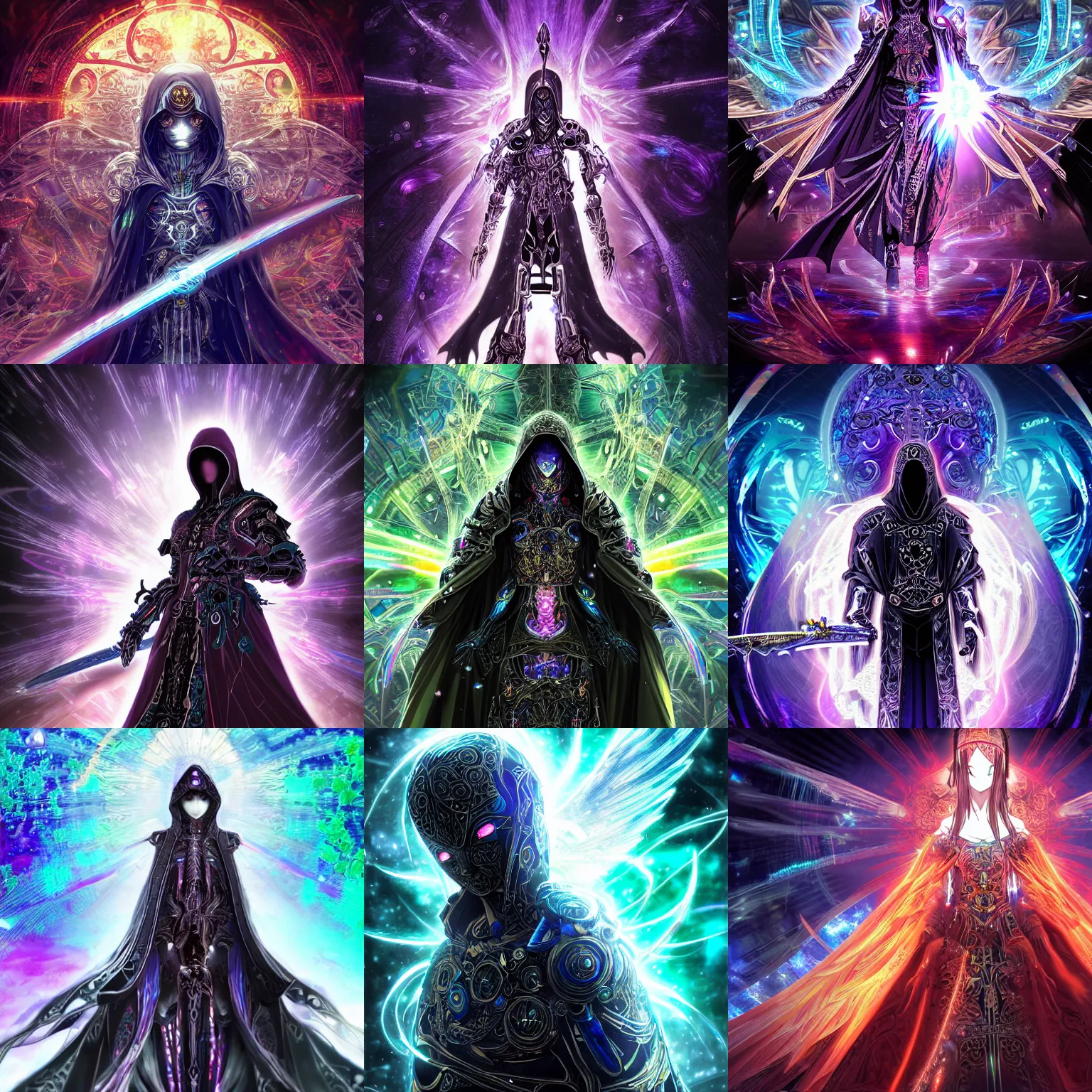 Prompt: Cloaked hooded complex cybernetic omnipotent being with a biological human face, anime CGI style, dark, intricate and ornate, intricate technological ominous warrior, anime in the style of Makoto Shinkai, rich colour and detail, brandishing iridescent legendary cosmic sword, iridescent opalescent pearlescent holographic megastructure background