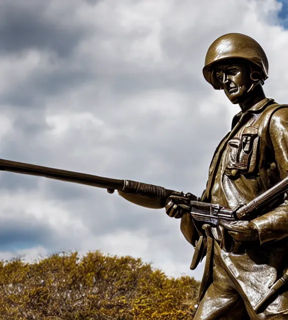 Prompt: a 4 k photorealistic photo wide shot of a bronze statue of an american soldier holding a rifle