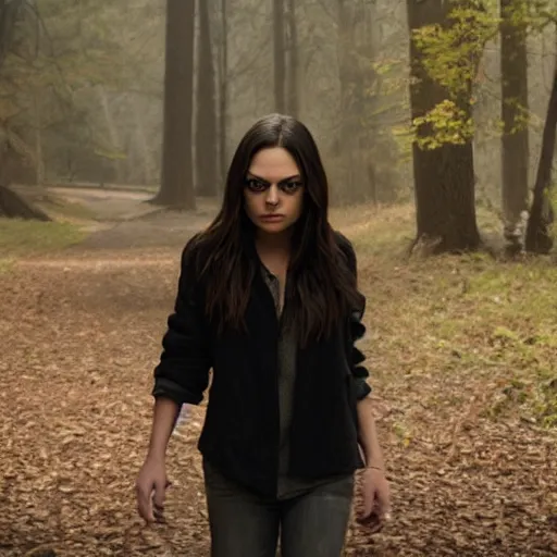 Image similar to Mila Kunis in an indie slasher movie, movie still, XF IQ4, f/1.4, ISO 200, 1/160s, 8K, RAW, unedited, symmetrical balance, in-frame, sharpened