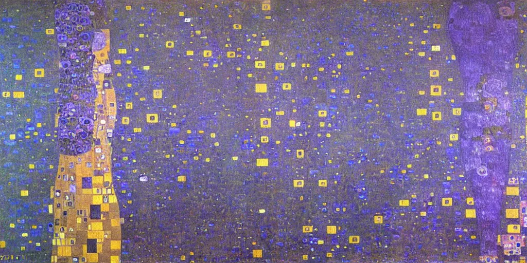 Image similar to autumn city in blue and purple colors epic by gustav klimt