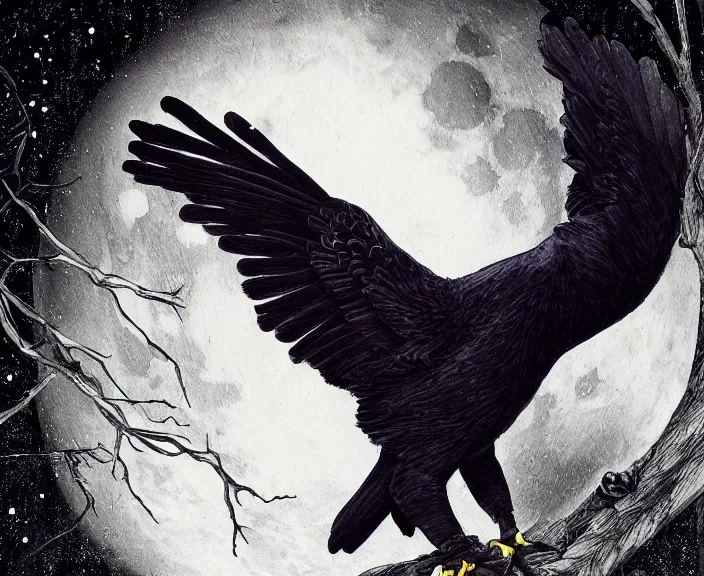 Prompt: a hyper-detailed movie poster, , close-up portrait of a crow flying above a tree in front of the full big moon; an extraordinary masterpiece!!!; flawless; proud posture; photorealistic eyes; trending on artstation; f/1.4; 90mm