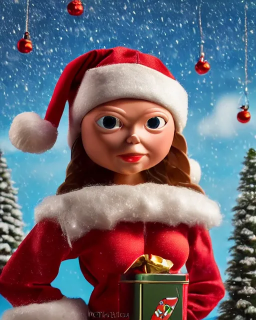 Image similar to highly detailed closeup, portrait of a tin toy santa greta thunberg wearing a bikini, depth of field, fashion photoshoot by nicoletta ceccoli, mark ryden, lostfish, dan decarlo, bob clampett, max fleischer, breathtaking, detailed and intricate snowenvironment, 8 k resolution, hyperrealistic, octane render