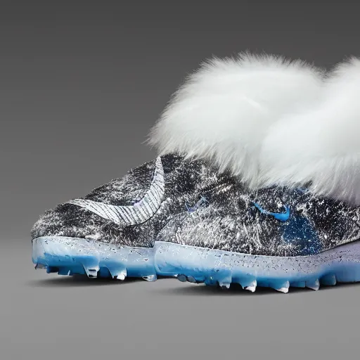Image similar to nike shoe made of very fluffy white and gold faux fur placed on reflective surface, professional advertising, overhead lighting, heavy detail, realistic by nate vanhook, mark miner