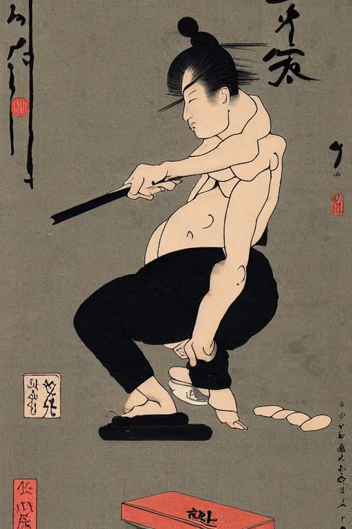 Prompt: Ukiyo-e art of gopnik in black adidas squatting under birch