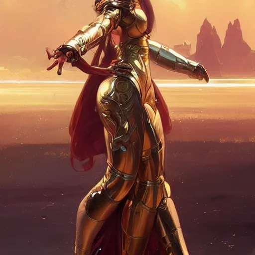 Image similar to a woman wearing a golden armor, full-body shot, digital painting, smooth, elegant, hd, art by WLOP and Artgerm and Greg Rutkowski and Alphonse Mucha