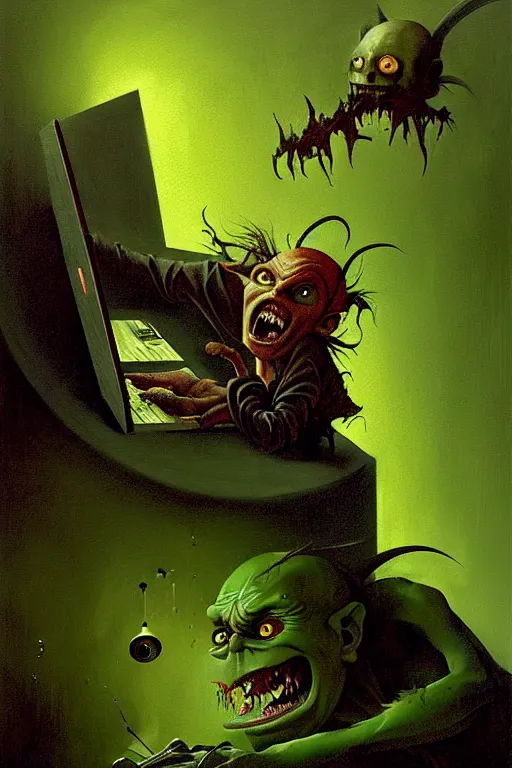 Prompt: hieronymus bosch, greg rutkowski, anna podedworna, painting of a green goblin screaming at a laptop