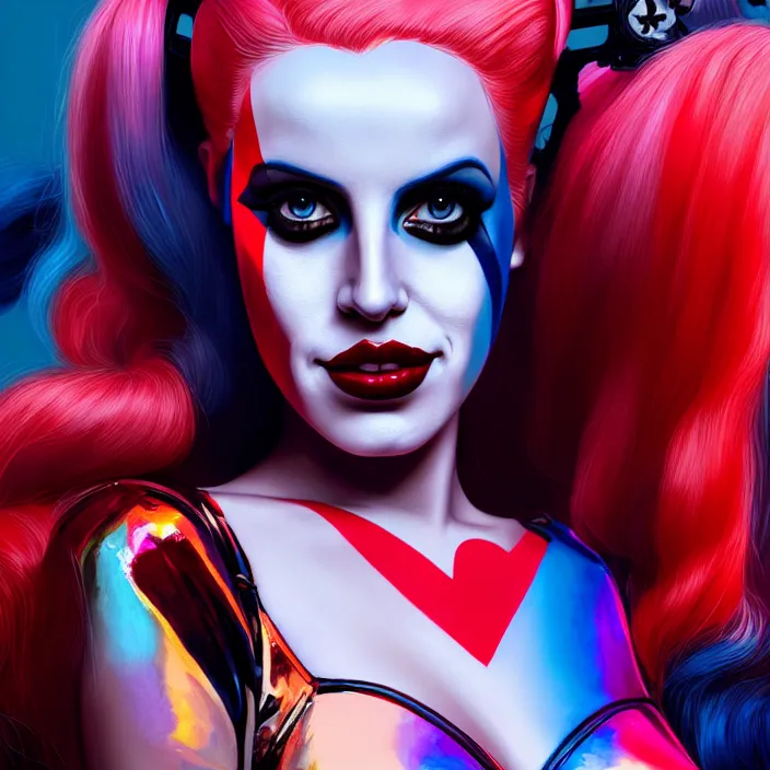 Image similar to portrait of lana del ray as a harley quinn. intricate abstract. intricate artwork. smooth. by Tooth Wu, wlop, beeple, dan mumford. octane render, trending on artstation, greg rutkowski very coherent symmetrical artwork. cinematic, hyper realism, high detail, octane render, 8k, iridescent accents