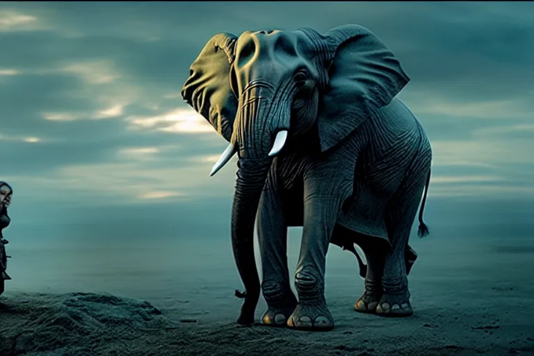 Image similar to vfx film, game of thrones elephant characters, flat color profile low - key lighting award winning photography arri alexa cinematography, big crowd, hyper real photorealistic cinematic beautiful, atmospheric cool colorgrade