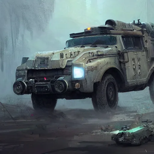 Image similar to a highly detailed epic cinematic concept art CG render digital painting artwork: dieselpunk patrol car. By Greg Rutkowski, Ilya Kuvshinov, WLOP, Stanley Artgerm Lau, Ruan Jia and Fenghua Zhong, trending on ArtStation, subtle muted cinematic colors, made in Maya, Blender and Photoshop, octane render, excellent composition, cinematic atmosphere, dynamic dramatic cinematic lighting, precise correct anatomy, aesthetic, very inspirational, arthouse