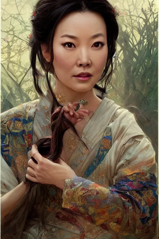 Image similar to mingna wen portrait, wuxia, fantasy, elegant, intricate, by stanley artgerm lau, greg rutkowski, thomas kindkade, alphonse mucha, loish, norman rockwell
