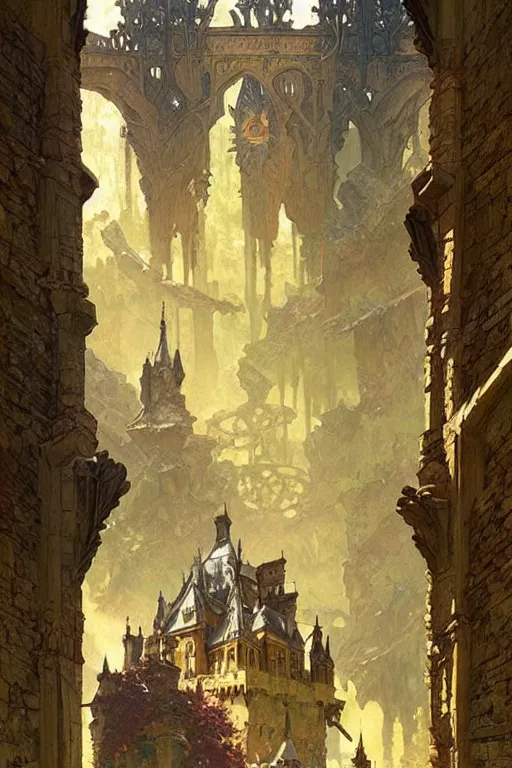 Image similar to An ancient castle, fantasy, painting by greg rutkowski and alphonse mucha