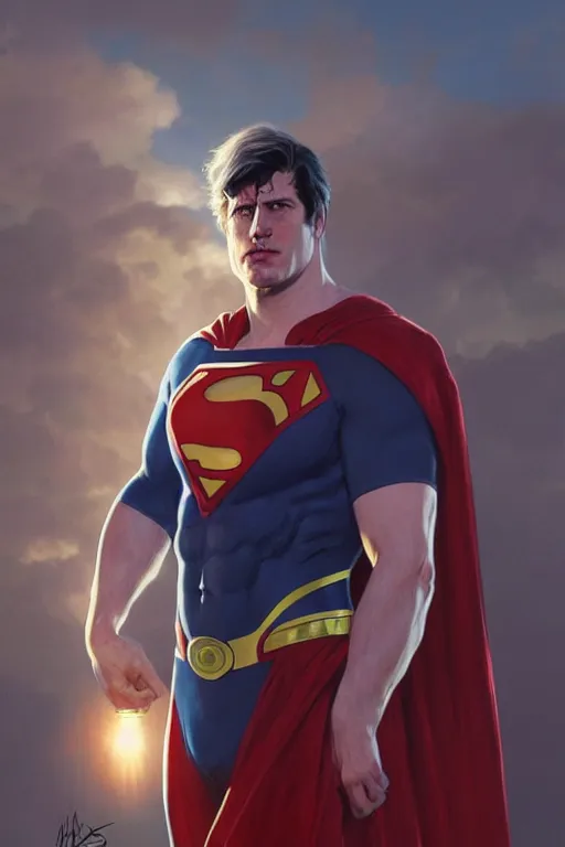 Image similar to Boris Johnson as Superman,realistic portrait, symmetrical, highly detailed, digital painting, artstation, concept art, smooth, sharp focus, illustration, cinematic lighting, art by artgerm and greg rutkowski and alphonse mucha