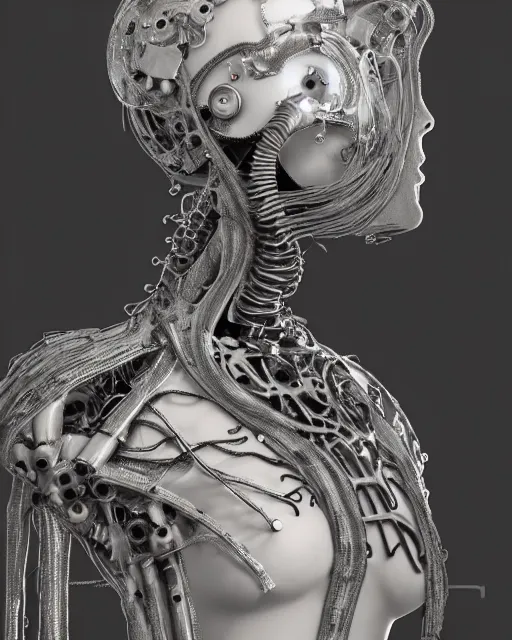 Image similar to black and white dreamy foggy smoky profile face portrait, one silver steampunk eye biomechanical beautiful young female cyclope - cyborg - robot bust, body ribs meshes,, volumetric light, hibiscus flowers, by hg giger, rim light, by dora maar and cecile beaton, big gothic fashion pearl embroidered collar, 8 k