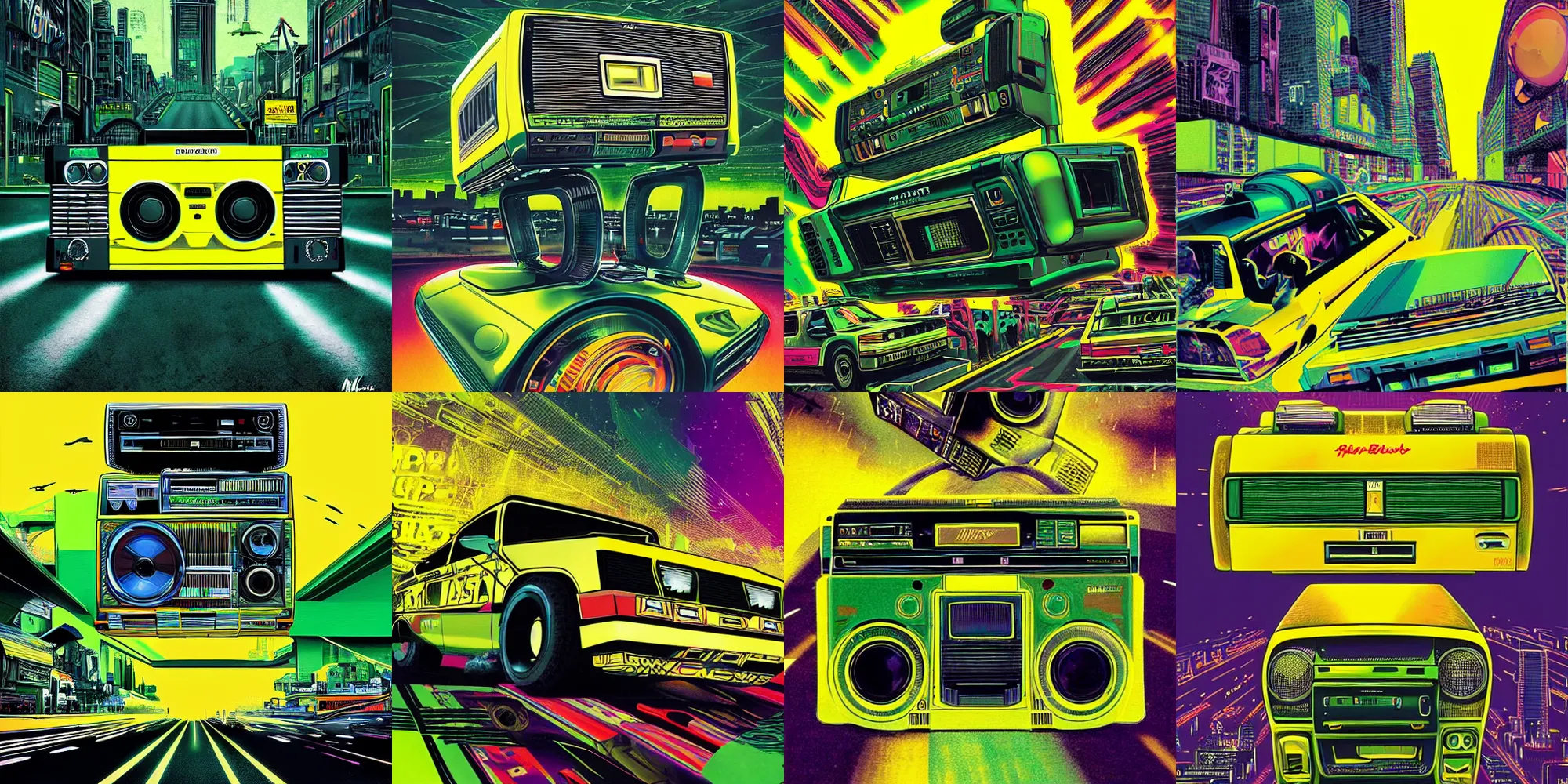 Prompt: ghetto blaster, 8 0 s, futuristic, agressive, speed, yellow and dark green, massive, huge, urban street, ultra detailed, iconic, epic cover, colorfull, art by mirko reisser