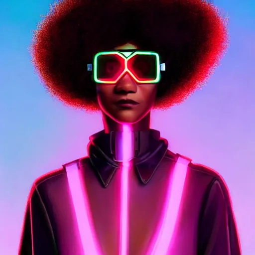 Prompt: zendaya wearing opaque reflective goggles profile picture by Greg Rutkowski, brown skin, very long afro hair, asymmetrical, futuristic, neon volumetric lights, cool colors, streetwear, studio ghibli, Organic Painting , Matte Painting, geometric shapes, hard edges, street art, trending on the artstation, fantasy LUT, realistic by Sachin Teng + Martin Grip + Moebius, techwear, Industrial Scifi, detailed illustration, character portrait,