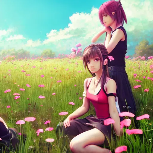 Image similar to aerith and yuffie from final fantasy 7 remake sitting in a flower field by ilya kuvshinov, rtx reflections, maya, extreme high intricate hyperrealistic details by wlop, digital art by ross tran, medium shot, composition by sana takeda, dramatic lighting by greg rutkowski