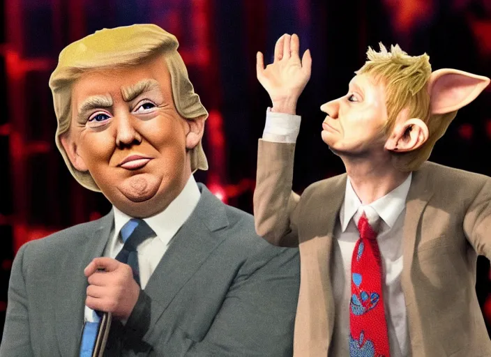 Prompt: dobby donald trump cult initiation ritual on stage stage of the elen degeneres show, detailed facial expression