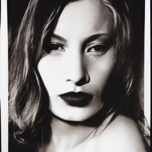 Prompt: Close-up portrait of a femme fatale. Face. Shadow and light. Abstract. Surrealist. Black and white. Side lighting. Golden ratio. Photography by Irving Penn.