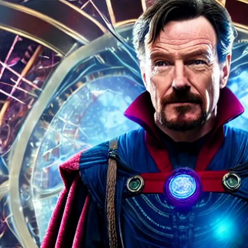 Prompt: a still from multiverse of madness, of bryan cranston as doctor strange, hd 4k photo