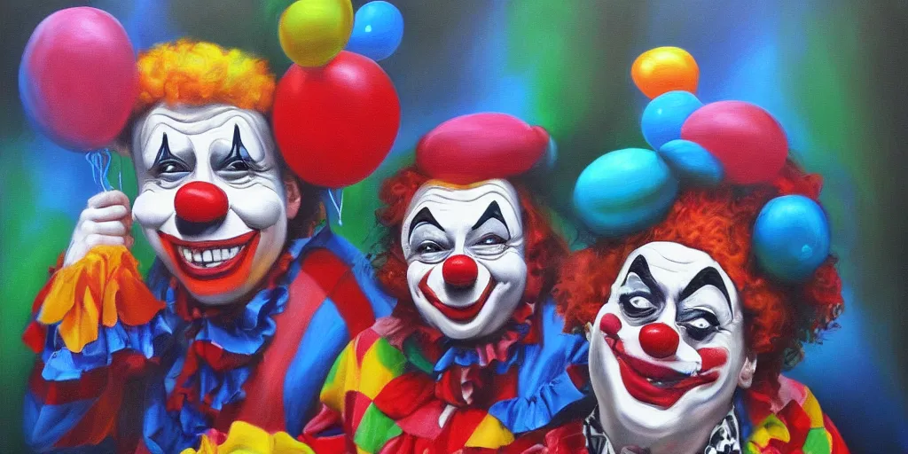 Image similar to a clown riding another clown high resolution amazing realistic painting