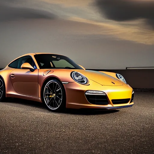 Image similar to Photo of a copper yellow Porsche 911 Carrera 3.2, daylight, dramatic lighting, award winning, highly detailed, fine art photography - 768