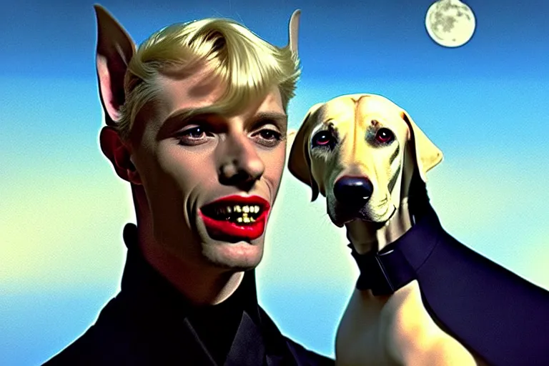 Image similar to realistic detailed closeup portrait movie shot of an elegant blond male vampire with a doberman on a leash, sci fi landscape background by denis villeneuve, amano, yves tanguy, alphonse mucha, max ernst, edward robert hughes, roger dean, rich moody colours, dog teeth, blue eyes