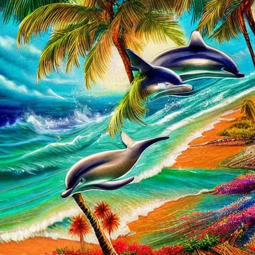 Prompt: dolphins leaping out of water in bay with sandy beach and palm trees, beautiful detailed painting in the style of josephine wall 4 k