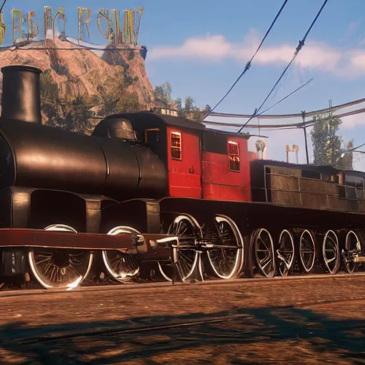 Image similar to futuristic sleek steam locomotive in red dead redemption 2