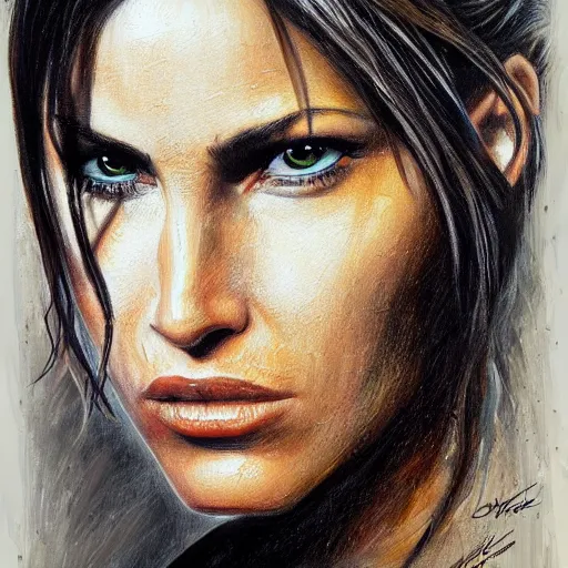 Prompt: Lara Croft detailed headshot Portrait, painting drawn by HR Giger