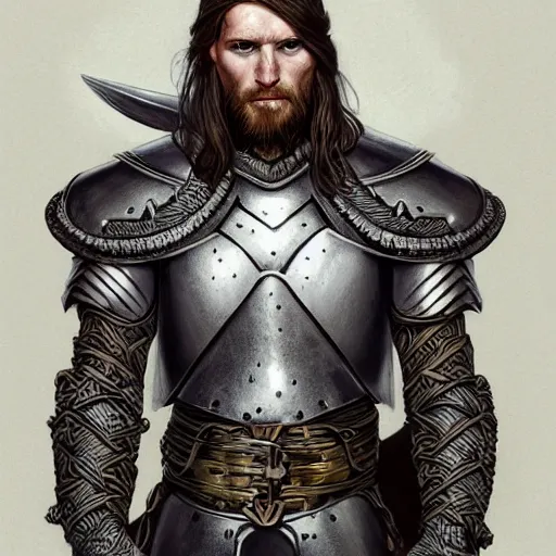 Image similar to portrait of solemn, ice-pale viking warrior with black veins and brutalist plate armor with art deco knotwork, elegant, intricate, head and upper body portrait, D&D, fantasy, highly detailed, digital painting, artstation, concept art, sharp focus, illustration, art by artgerm and greg rutkowski and alphonse mucha