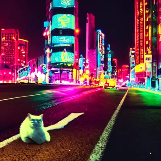 Image similar to neon city with a cat in the road cinematography