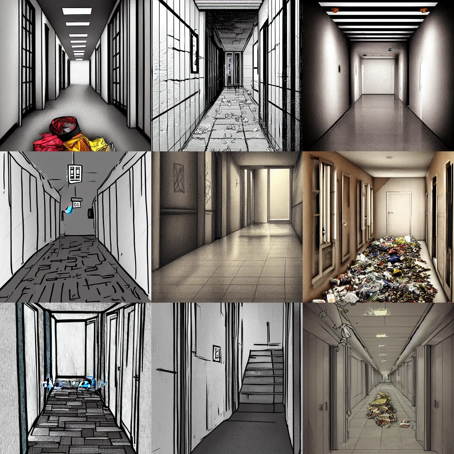 Prompt: garbage in hallway, realistic, digital illustration