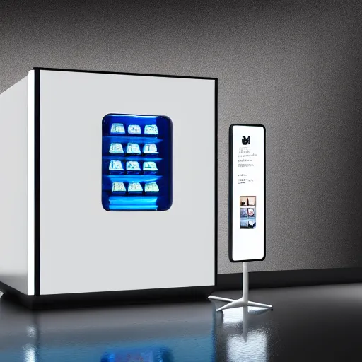 Image similar to award winning product photography of a sleek, futuristic, minimalist vending machine designed by apple, studio lighting, white background, 8 k, ultra detailed,