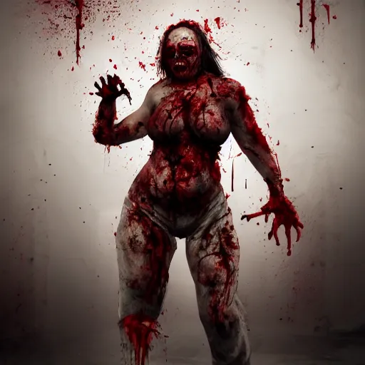 Image similar to angry obese zombie female, full body portrait, pale skin and deep bloody wounds, horror core, apocalyptic, feeling of grimdark, sharp focus, fiction, hyper detailed, digital art, trending in artstation, cinematic lighting, studio quality, smooth render, unreal engine 5 rendered, octane rendered, art style and nixeu and wlop and krenz cushart, neongreen vomit