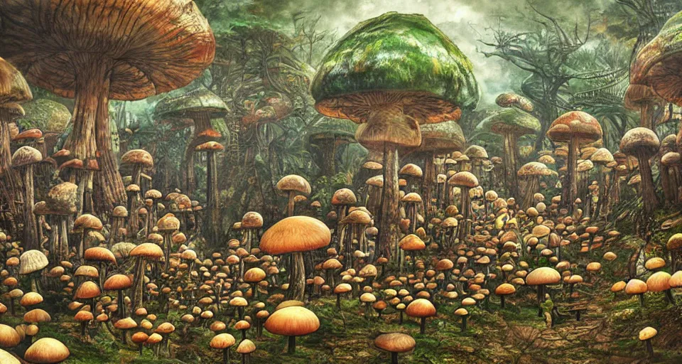 Image similar to A tribal village in a forest of giant mushrooms, by Yoshitaka Amano,