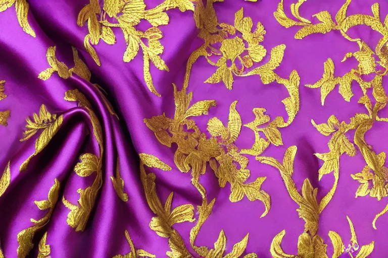 Prompt: purple silk fabric. rose-shaped embroiderings, substance painter