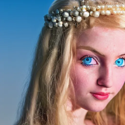 Image similar to close up headshot of a princess with long blonde hair and blue eyes wearing a strapless elaborately beaded pink dress, high resolution film still, 8k, HDR color, film by Simon Langton and David Frankel, gazing eyes