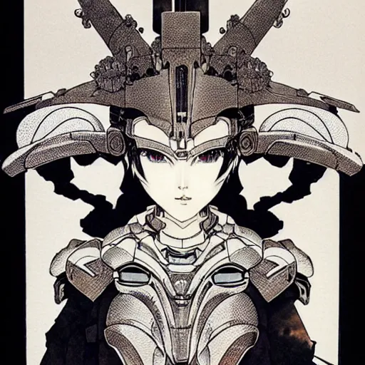 Image similar to prompt : black and white portrait soft light painted by takato yamamoto, tiara mecha attributes and armor, inspired by ghost in shell anime, smooth face feature, intricate oil painting, high detail, sharp high detail, manga and anime 1 9 8 0