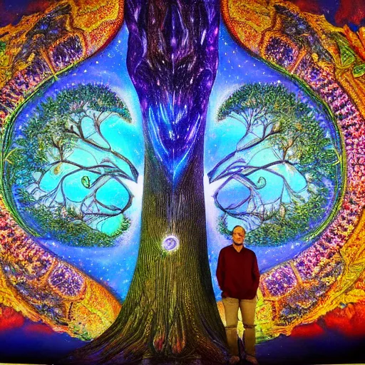 Image similar to a human man standing next to a cosmic tree, a sense of awe, amazement, monogon, plasma display, damascus, multiscopy, morph, in a symbolic and meaningful style, insanely detailed and intricate, hypermaximalist, elegant, ornate, hyper realistic, super detailede